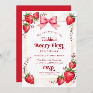 Pink Bow Strawberry Birthday Berry First Birthday Invitation
