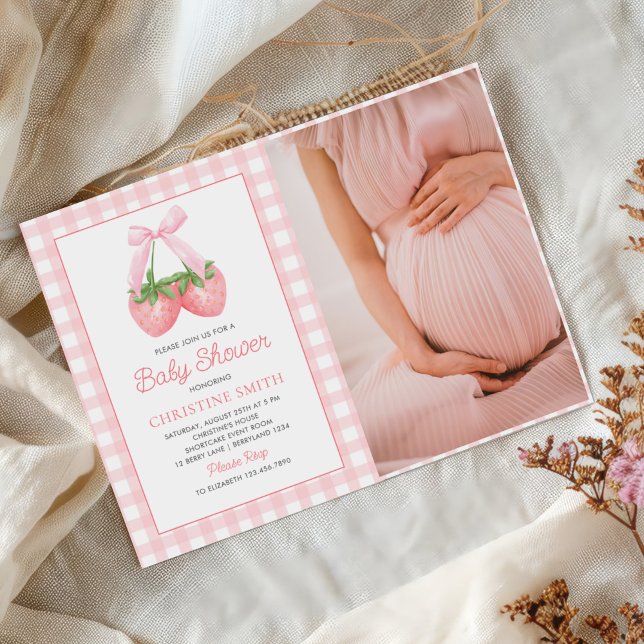 Pink Bow Strawberry Girl Baby Shower Photo Invitation (Creator Uploaded)