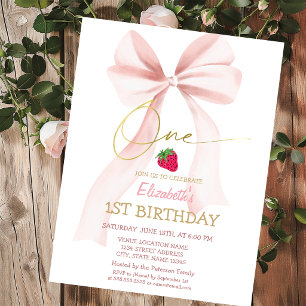 Pink Bow Strawberry Pink Striped 1st Birthday Invitation