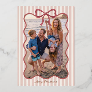 Pink Bow Striped Christmas Photo Foil Holiday Card