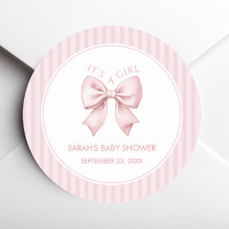 Pink Bow Stripes Baby Shower Coquette It's a Girl Classic Round Sticker