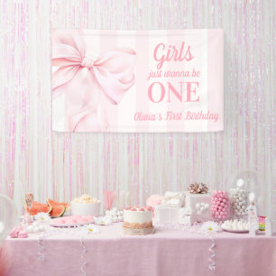 Pink Bow Stripes First Birthday Banner