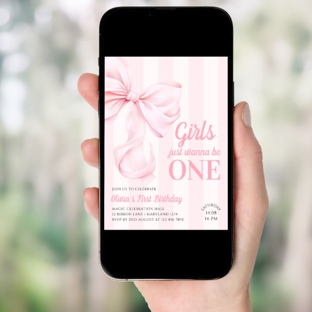 Pink Bow Stripes First Birthday Invitation (Front Digital)