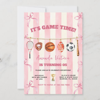 Pink Bow Stripes Girl Game Time Birthday  Invitation