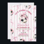 Pink Bow Stripes Girl Soccer Game Time Birthday Invitation<br><div class="desc">Pink Bow Girl Soccer Birthday,  Pink Soccer Game Time Birthday Invitation,  It's Soccer Game Time Birthday Invitation,  Whimsical Pink Stripes Soccer Birthday Invitation,  Pink Stripes Coquette Soccer Birthday Invitation, </div>