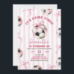 Pink Bow Stripes Girl Soccer Game Time Birthday Invitation<br><div class="desc">Pink Bow Girl Soccer Birthday,  Pink Soccer Game Time Birthday Invitation,  It's Soccer Game Time Birthday Invitation,  Whimsical Pink Stripes Soccer Birthday Invitation,  Pink Stripes Coquette Soccer Birthday Invitation, </div>