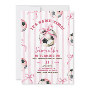 Pink Bow Stripes Girl Soccer Game Time Birthday Invitation