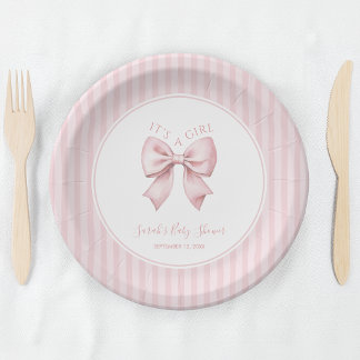 Pink Bow Stripes It's a Girl Baby Shower Coquette Paper Plates