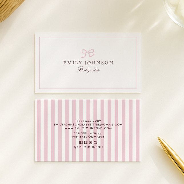 Pink Bow & Stripes, social media icons babysitter  Business Card (Creator Uploaded)