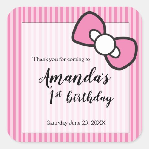 Pink Bow Stripes Thank you First birthday Square Sticker