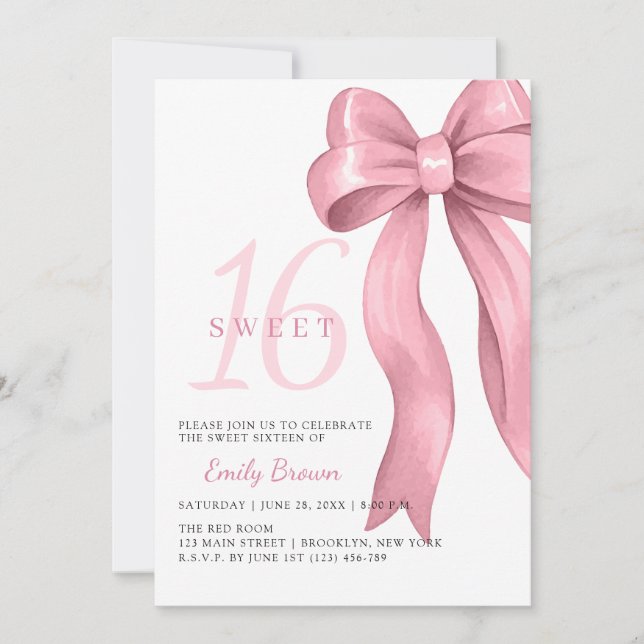Pink Bow Sweet 16 Birthday Invitation (Front)