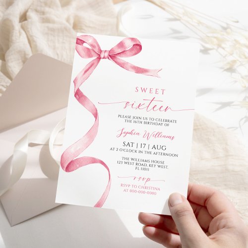 Pink Bow Sweet 16 Birthday Invitation