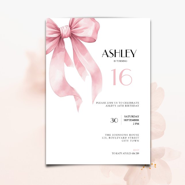 Pink Bow sweet 16th Birthday Invitation for Girls (Pink Bow coquette ribbon sweet 16th birthday invitation for girls.)