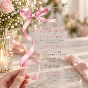 Pink Bow Sweet Little Girl Baby Shower Acrylic Invitations