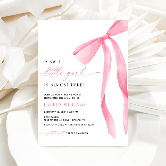 Pink Bow Sweet Little Girl Baby Shower Invitation (Creator Uploaded)