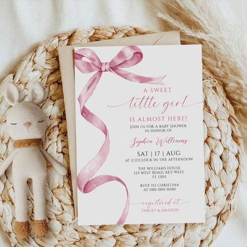 Pink Bow Sweet Little Girl Baby Shower Invitation