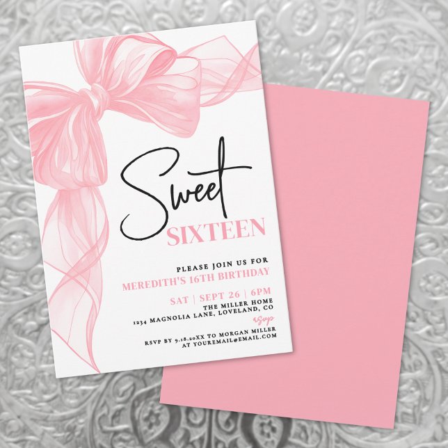 Pink Bow Sweet Sixteen 16th Birthday Invitation (Pink Bow Sweet Sixteen 16th Birthday Invitation)