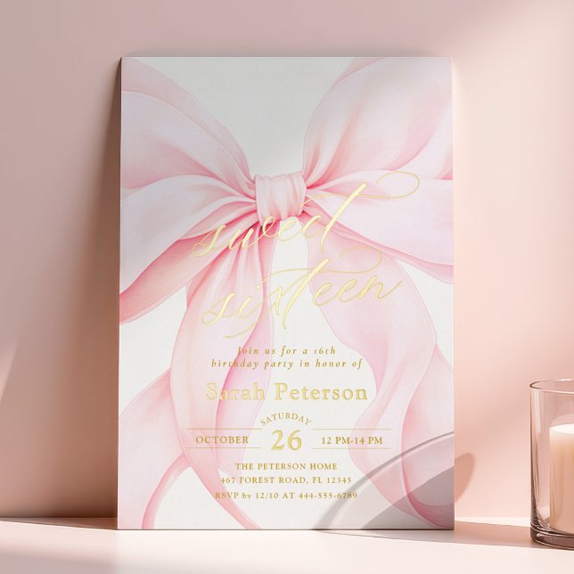 Pink Bow Sweet Sixteen Birthday Foil Invitation (Creator Uploaded)