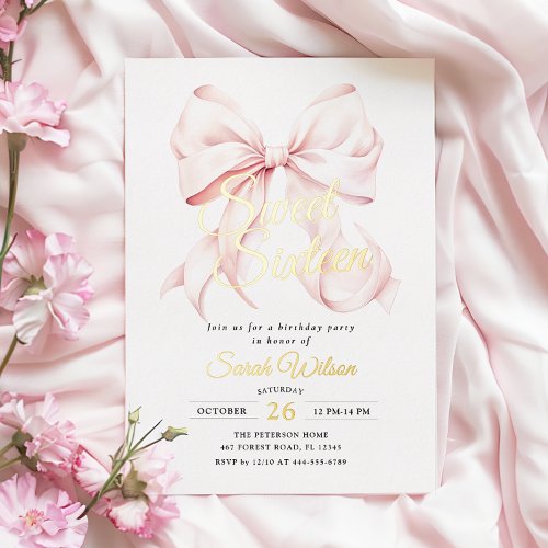 Pink Bow Sweet Sixteen Birthday Foil Invitation