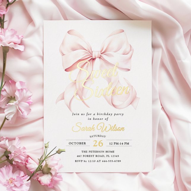 Pink Bow Sweet Sixteen Birthday Foil Invitation (Creator Uploaded)