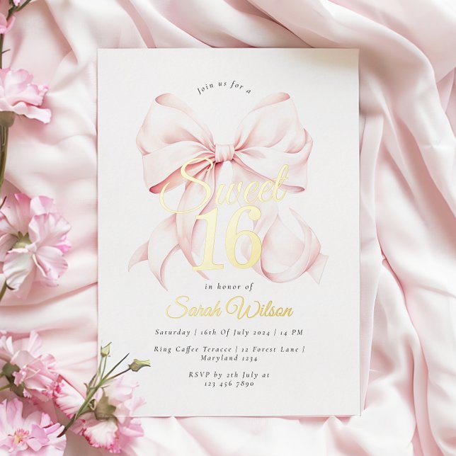Pink Bow Sweet Sixteen Birthday Foil Invitation (Creator Uploaded)