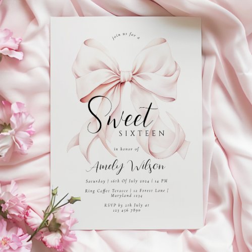 Pink Bow Sweet Sixteen Birthday Invitation