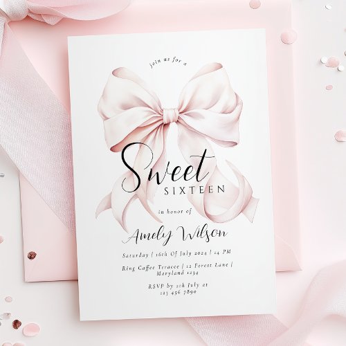Pink Bow Sweet Sixteen Birthday Invitation
