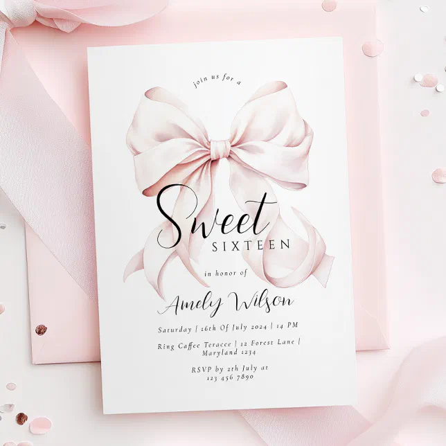 その他 rose Pink Bow Sweet Sixteen Birthday Invitation | Zazzle