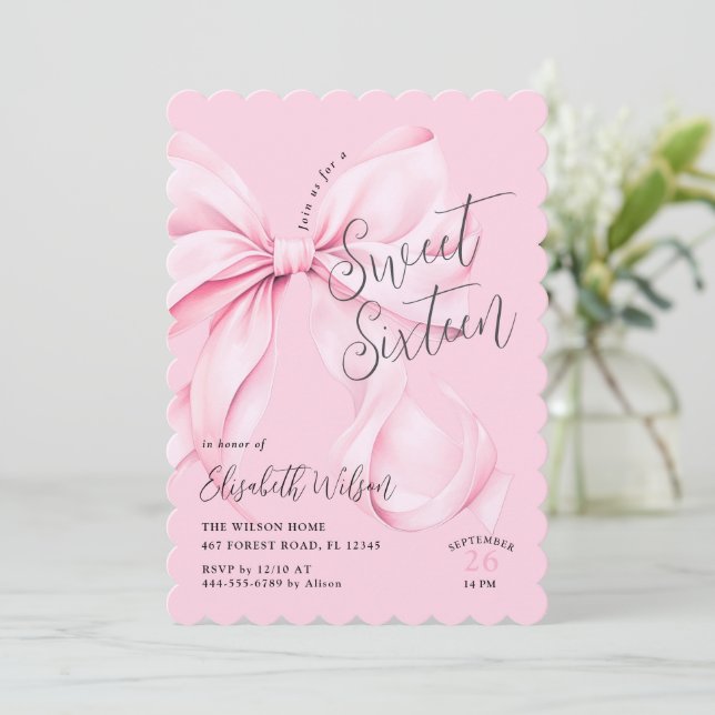 Pink Bow Sweet Sixteen Birthday Invitation (Standing Front)