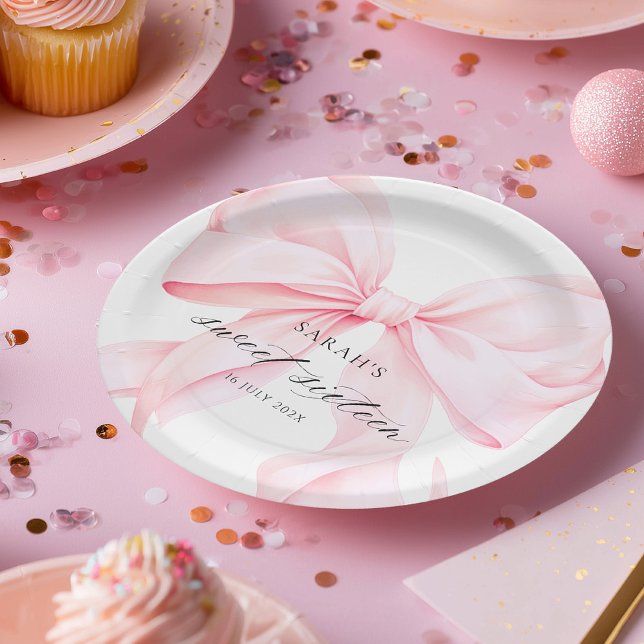 Pink Bow Sweet Sixteen Birthday Paper Plates (Creator Uploaded)