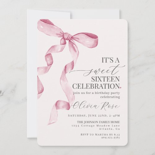 Pink Bow Sweet Sixteen Birthday Party Invitation