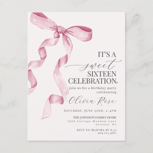 Pink Bow Sweet Sixteen Birthday Party Invitation Postcard