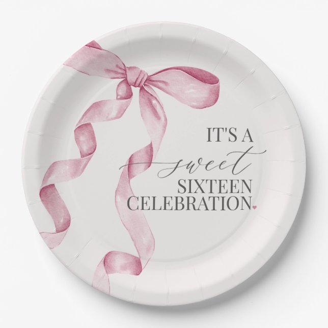 Pink Bow Sweet Sixteen Birthday Party Shower Decor Paper Plates (Front)