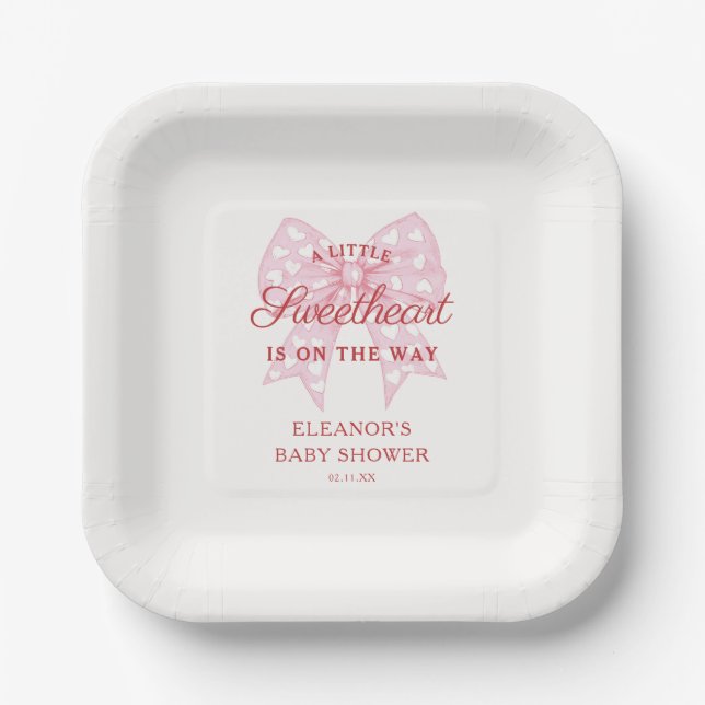Pink Bow Sweetheart Baby Shower Guestbook Paper Plates (Front)