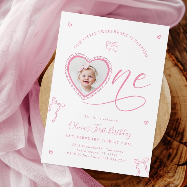 Pink Bow Sweetheart First Birthday Invitation (Creator Uploaded)