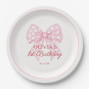 Pink Bow Sweetheart Girl 1st Birthday Party Paper Plates