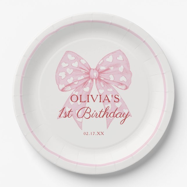 Pink Bow Sweetheart Girl 1st Birthday Party Paper Plates (Front)