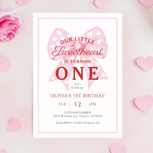 Pink Bow Sweetheart Is One Girl 1st Birthday Invitation