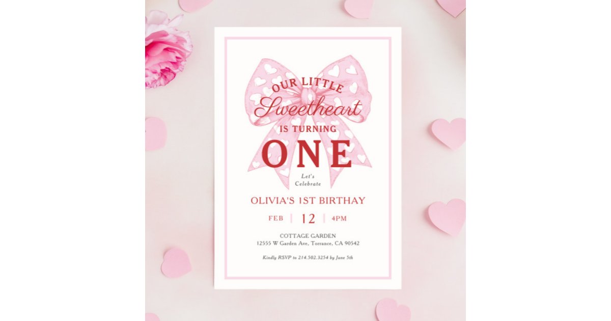 Pink Bow Sweetheart Is One Girl 1st Birthday Invitation | Zazzle