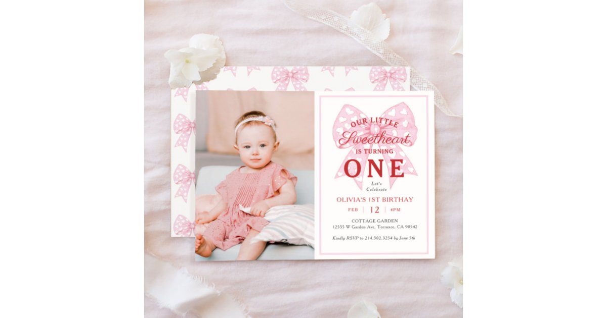 Pink Bow Sweetheart Is One Girl 1st Birthday Photo Invitation | Zazzle