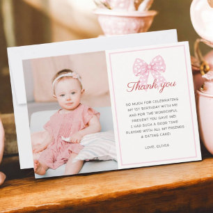 Pink Bow Sweetheart Is One Girl 1st Birthday Photo Thank You Card