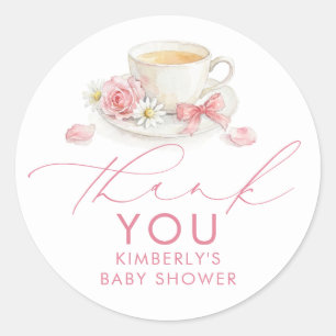 Pink Bow Tea Girl Baby Shower Thank You Classic Round Sticker