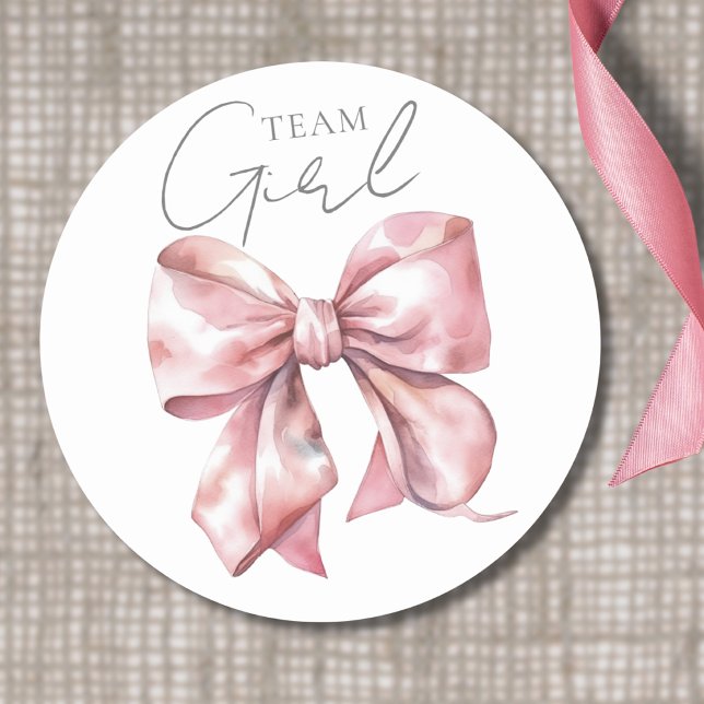 Pink Bow Team Girl Gender Reveal Classic Round Sticker (Pink Bow Baby Gender Reveal Team Girl Classic Round Sticker)