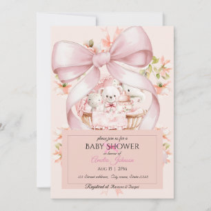Pink Bow Teddy Bear and Airplane Watercolor Tees Invitation