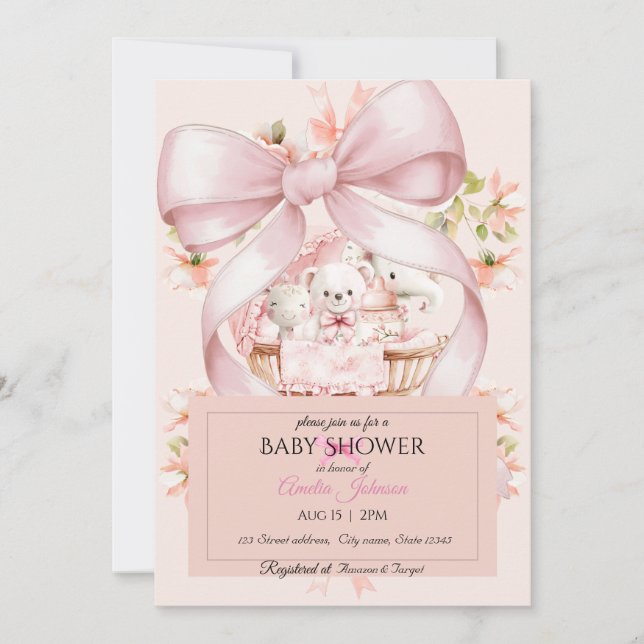 Pink Bow Teddy Bear and Airplane Watercolor Tees Invitation (Front)