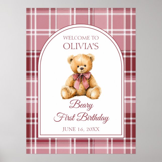 Pink Bow Teddy Bear Birthday Welcome Sign (Front)
