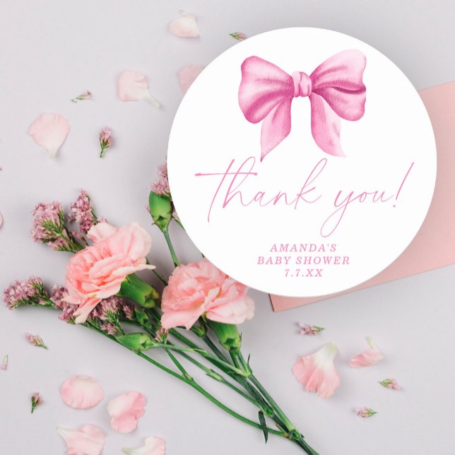 Pink Bow Thank You Card Classic Round Sticker (Creator Uploaded)