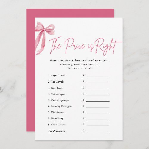 Pink Bow The Price is Right Bridal Shower Game Invitation