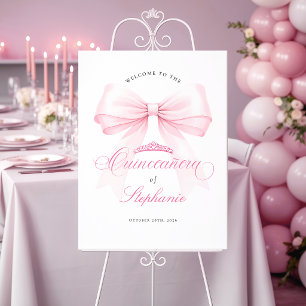Pink Bow Tiara Quinceañera Welcome Sign