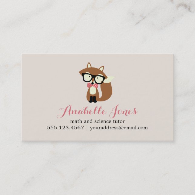 Pink Bow Tie and Glasses Hipster Brown Fox Business Card (Front)